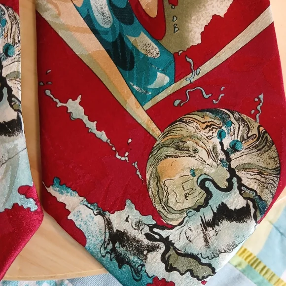 Vintage Deep Red and Teal Artistic Silk Italian Tie - Picture 5 of 9